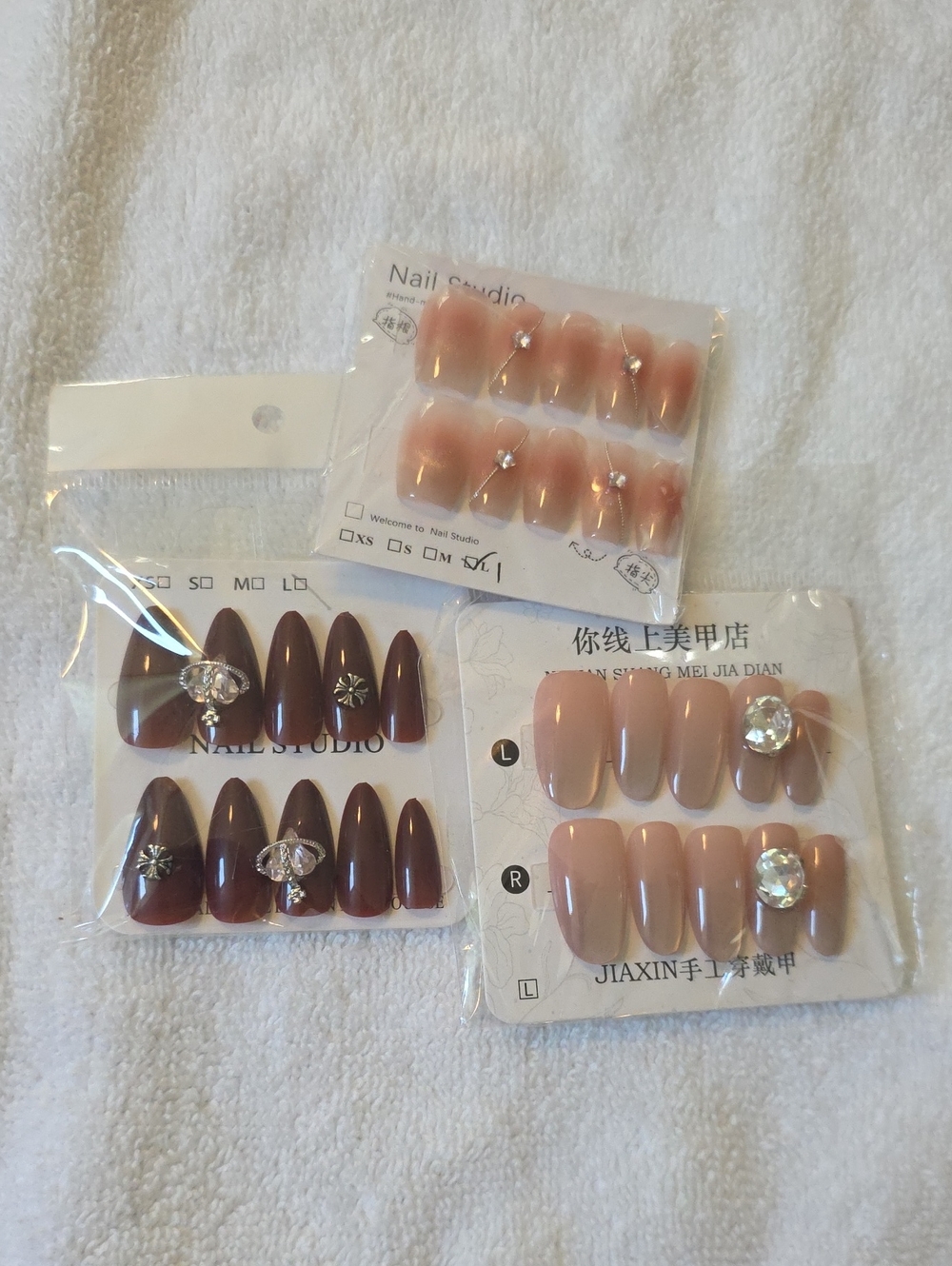 False Nail Set - Nude Pink and Deep Burgundy Press-On Nails with Gem Accents